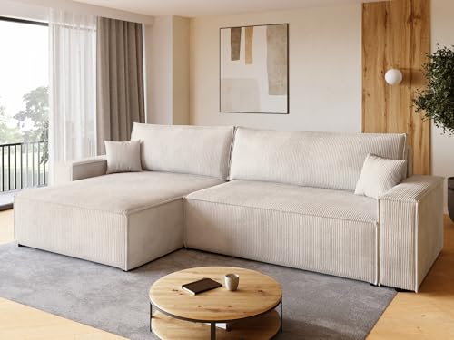 BROMARKT Sofa mit Schlaffunktion Couch L Cordstoff Sofa Bettkasten Schlafsofa für Wohnzimmer Ecksofa freistehend Adi XL Relaxsofa 3 sitzer 272x143x85 cm Vanilla von BROMARKT
