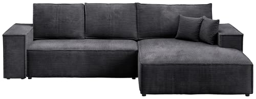 BROMARKT | Sofa mit Schlaffunktion | Schlafsofa Pablo | Ecksofa L-Form Sofa | Modern Design Couch | Kordstoff | Freistehend | mit Bettzeugbehälter | 294x185x85cm | Schwarz | Rechts von BROMARKT