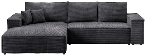 BROMARKT | Sofa mit Schlaffunktion | Schlafsofa Pablo | Ecksofa L-Form Sofa | Modern Design Couch | Kordstoff | Freistehend | mit Bettzeugbehälter | 294x185x85cm | Schwarz | Links von BROMARKT