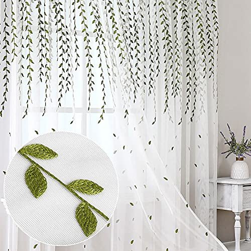 BROSHAN Stickerei-Vorhang für Wohnzimmer, natürlich bestickte Voile-Vorhänge und Vorhänge mit Blätter-Design, für Kinderzimmer, Fensterbehandlung, halbtransparent, weiß und grün, 1 Paneel von BROSHAN