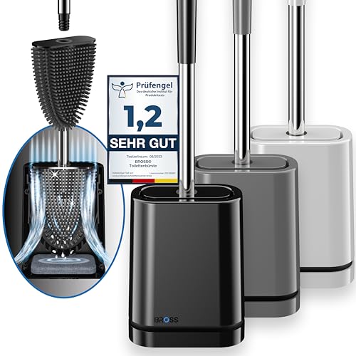 BROSS® Klobürste Silikon - Patentierte Toilettenbürste - Klobürste Schwarz - WC Bürste & Klobürstenhalter mit Wandmontage & TurboTrocknung - Innovativ & Antibakteriell - 1er Set von BROSS