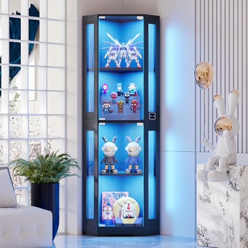 BROTTAR 165 cm Eck-Glasvitrine mit LED-Beleuchtung & 4-stufige Schauvitrine mit Glastüren und Human Body Sensor für Sammlerstücke, Spirituosen, Schwarz von BROTTAR