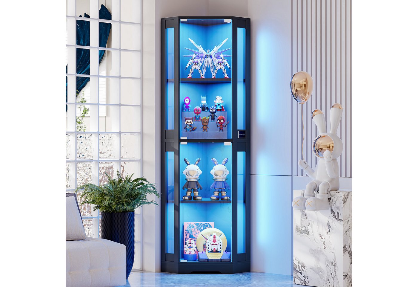 BROTTAR Eckvitrine 4-stöckiger Eckglasanzeigeschrank mit LED -Leuchten (1-St) modernes griffloses Design, 9kg Tragkraft pro Regal von BROTTAR