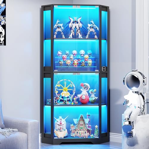 BROTTAR Eckvitrine mit Glastüren, Tall 165cm Eck Bücherregal mit 3 Farben Led Beleuchtung, 4-Ebenen Vitrinenschrank mit Intelligente Sensorik für Wohnzimmer Schlafzimmer Büro, Schwarz von BROTTAR