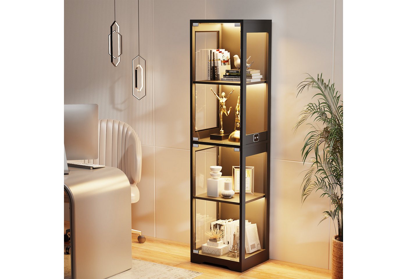 BROTTAR Glasvitrine Ausstellungsschrank mit Glastür, 4-stufiger Kuriosekabinett (1-St) Helligkeitsregelung, einfacher Aufbau mit Kippschutz von BROTTAR