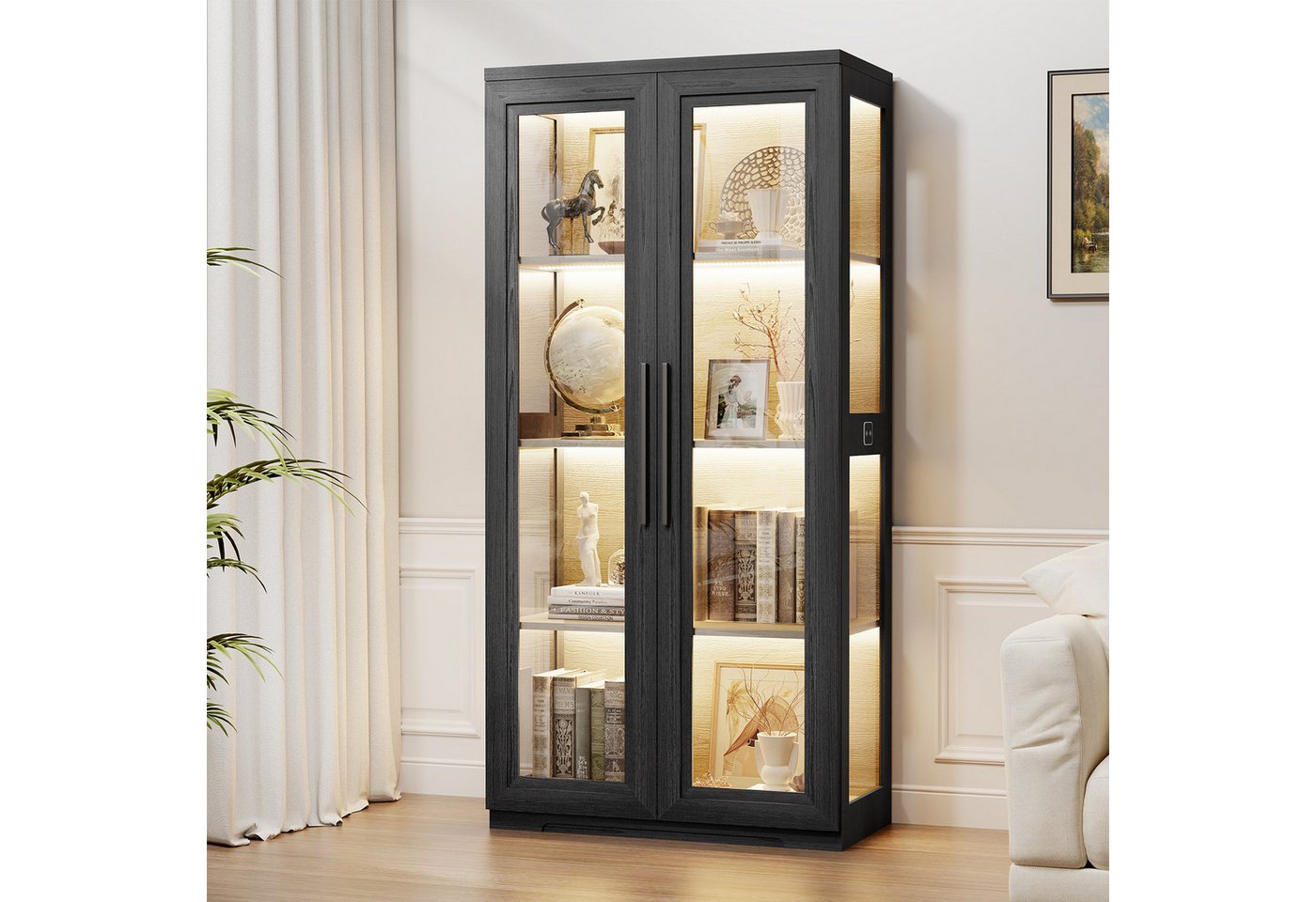 BROTTAR Glasvitrine Glasscheibenschrank, Curio -Schrank mit zwei Glastüren (1-St) mit 3-Farb-LED, großzügigem Stauraum und Magnetverschluss von BROTTAR