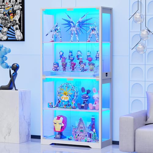BROTTAR Vitrine mit LED Beleuchtung und Glastüren, Sammlervitrine, Vitrinenschrank mit Intelligente Sensorik, 4-Lagen Vitrine Weiß Glasvitrine Staubdicht für Wohnzimmer Schlafzimmer Büro, Weiß von BROTTAR