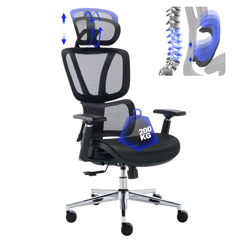 BRTHORY Ergonomischer Bürostuhl, atmungsaktiver Netzbezug, verstellbare Lendenwirbelstütze/3D-Armlehnen/Kopfstütz/Wippfunktion, höhenverstellbarer Schreibtischstuhl, 200kg belastbar, schwarz von BRTHORY