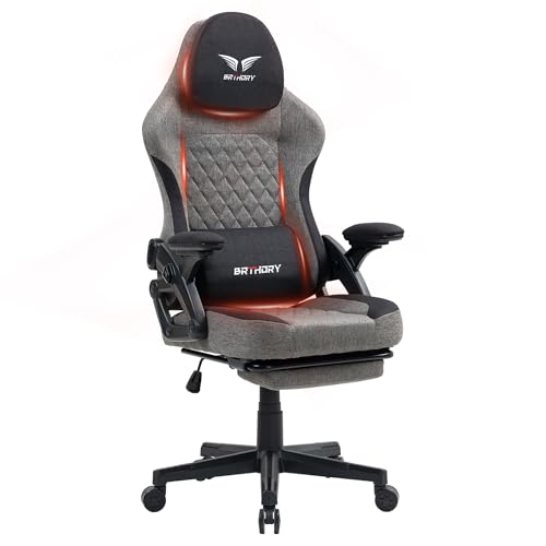 BRTHORY Gaming Stuhl Ergonomischer Racing Gamer Stuhl mit Verstellbare Kopfstütze Schreibtischstuhl mit Stoffoberfläche, Federsitzkissen, Verbindungsarmlehnen und Fußstütze, Wippfunktion, 135° von BRTHORY