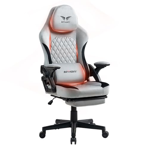 BRTHORY Gaming Stuhl Ergonomischer Racing Gamer Stuhl mit Verstellbare Kopfstütze Schreibtischstuhl mit Stoffoberfläche, Federsitzkissen, Verbindungsarmlehnen und Fußstütze, Wippfunktion, 135° von BRTHORY