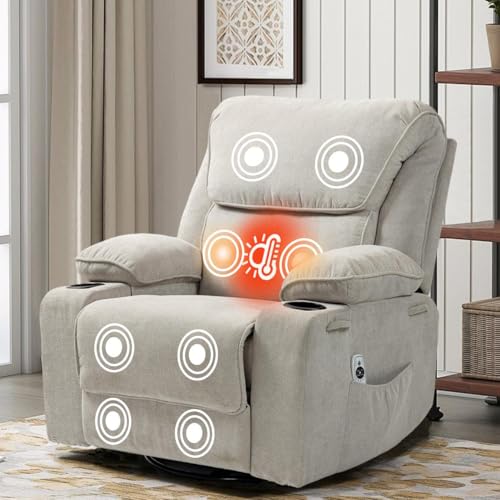 BRTHORY Relaxsessel mit Massagefunktion Fernsehsessel Liegefunktion Vibration Heizung, Dicke Rückenlehne und Armlehnen, Massagesessel mit Wippfunktion, 360°drehbar, Beige von BRTHORY