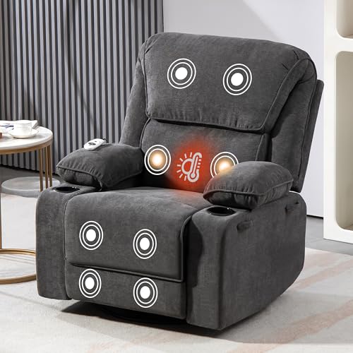 BRTHORY Relaxsessel mit Massagefunktion Fernsehsessel Liegefunktion Vibration Heizung, Dicke Rückenlehne und Armlehnen, Massagesessel mit Wippfunktion, 360°drehbar, Grau von BRTHORY