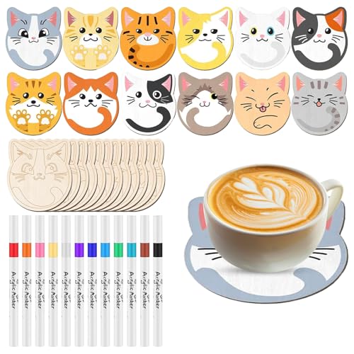 24 Stücke Holzuntersetzer mit Marker Stift, Rund 10cm Painting Untersetzer, Unvollendete Katzengetränke Coaster Geschenkhandwerk, DIY Untersetzer Tisch Untersetzer Set Für Frauen Männer Freunde von BRTNUP