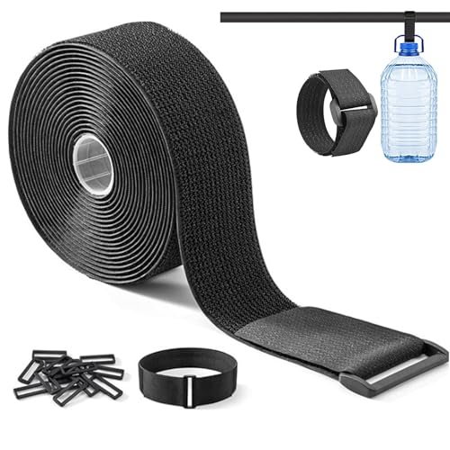 5m X 5cm Klettband mit 15 Schnalle, Klettband Selbstklebend zum Freien Schneiden der Länge, Wiederverwendbare Klett Kabelbinder, Kabelbinder Wiederverschließbar, Kabel Organizer, Schwarz (5m X 5cm) von BRTNUP