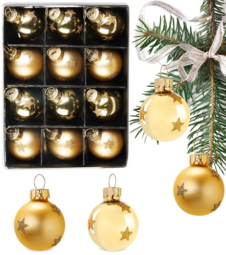 BRUBAKER 12 Stück Weihnachtskugeln - 3 cm Baumkugel Set - Handbemalter Christbaumschmuck Mini Kugeln mit Glitzer Sternen für Weihnachtsbaum - Weihnachtsbaumkugeln aus Glas - Gold von BRUBAKER