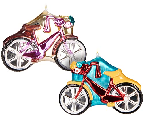 BRUBAKER 2 TLG. Weihnachtskugel Set - Fahrräder mit Glitzer - Damenrad Rot und Pink - Mundgeblasene Christbaumkugeln Christbaumschmuck aus Glas Lustig - Deko Baumanhänger - 2 Stück von BRUBAKER