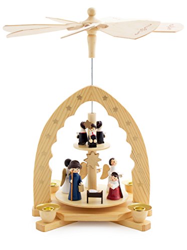 BRUBAKER 2-stöckige Weihnachtspyramide aus Holz - 30 cm - Krippenszene mit Jesuskind Maria und Josef, Engeln und Sternsingern von BRUBAKER