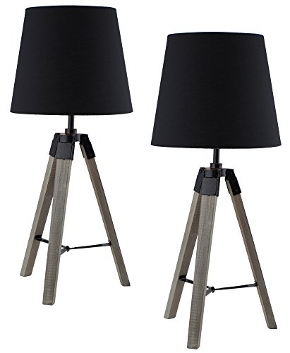 BRUBAKER 2er Set Dreibein Tisch- oder Nachttischlampen 57 cm Holz Silbergrau/Schwarz - Designed in Germany [Energieklasse A++] von BRUBAKER