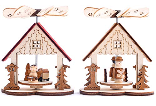 BRUBAKER 2er Set Weihnachtspyramide Adventshaus - 2 Motive: Jesuskind mit Engel/Erzählfiguren mit Buch - Holz Tischpyramiden je 10,5 cm - handbemalte Figuren von BRUBAKER