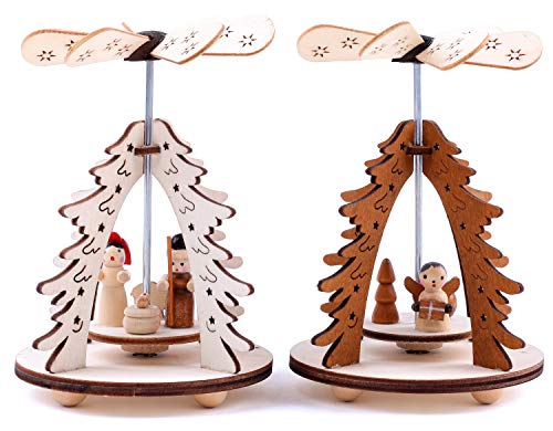BRUBAKER 2er Set Weihnachtspyramide Tannenbaum - 2 Motive: Engel/Christi Geburt mit Maria, Josef und Jesuskind - Holz Tischpyramiden je 11,5 cm - handbemalte Figuren von BRUBAKER