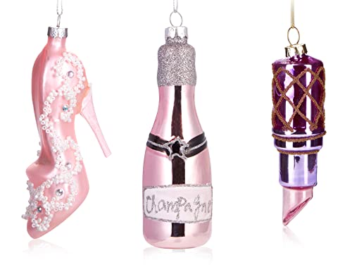 BRUBAKER 3-teiliges Baumkugel Set für Frauen - Handbemalte Weihnachtskugeln High Heel, Lippenstift, Champagner Flasche Rosé - Mundgeblasener Christbaumschmuck aus Glas - Damen Baumschmuck Lustig Rosa von BRUBAKER