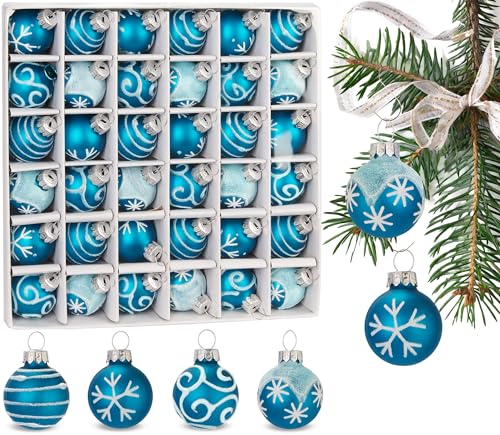 BRUBAKER 36-teiliges Set Weihnachtskugeln mit 3 cm Baumkugeln - Handbemalter Christbaumschmuck Mini Kugeln für Weihnachtsbaum und Weihnachtsdeko - Weihnachtsbaumkugeln aus Glas - Blau von BRUBAKER