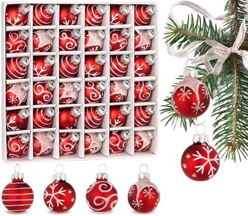 BRUBAKER 36-teiliges Set Weihnachtskugeln mit 3 cm Baumkugeln - Handbemalter Christbaumschmuck Mini Kugeln für Weihnachtsbaum und Weihnachtsdeko - Weihnachtsbaumkugeln aus Glas - Rot von BRUBAKER