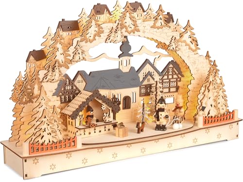 BRUBAKER 3D Lichterbogen - LED Schwibbogen - Großes Weihnachtsdorf 2025 - Weihnachtsbeleuchtung aus Holz Natur - 27 x 45 x 12 cm - Handbemalte Figuren - Weihnachtsdeko für Tisch & Fenster von BRUBAKER