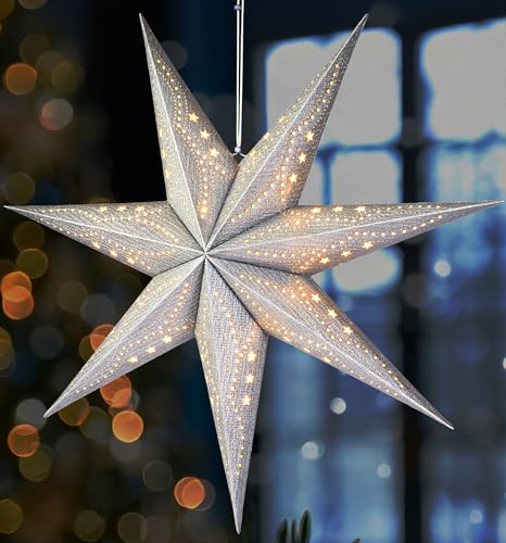 BRUBAKER 3D Weihnachtsstern zum Aufhängen - Fenster Papierstern mit E14 Fassung - 60 cm Deko Muster Adventsstern - Weihnachten Leuchtstern Set mit 3,5 m Kabel - Hängend - Silber BRUBAKER 3D Weihnachtsstern zum Aufhängen - Fenster Papierstern mit E14 Fassung - 60 cm Deko Muster Adventsstern - Weihnachten Leuchtstern Set mit 3,5 m Kabel - Hängend - Silber von BRUBAKER