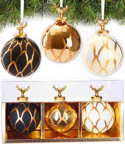 BRUBAKER 3er Set Weihnachtskugeln aus Glas - Gold Set mit Hirschkopf Figuren aus Porzellan - Premium Baumkugeln mit Blatt Design - Handbemalte Weihnachtsdekoration - 8 cm Christbaumkugeln von BRUBAKER