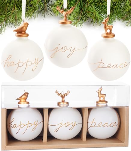 BRUBAKER 3er Set Weihnachtskugeln aus Glas - Happy Joy Peace - Premium Baumkugeln mit Porzellan Figur - Moderne handbemalte Weihnachtsdekoration - 8cm weiße Christbaumkugeln - Christbaumschmuck von BRUBAKER