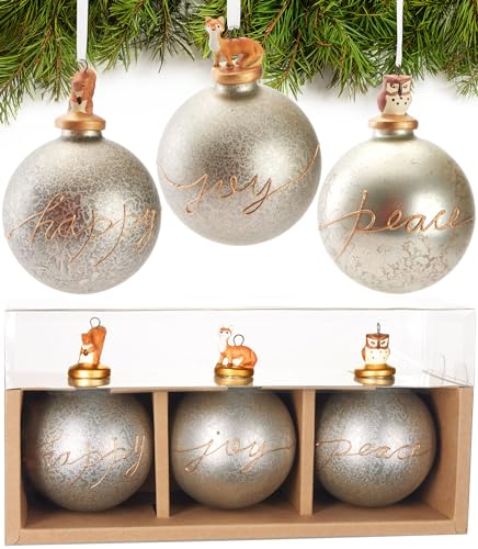 BRUBAKER 3er Set Weihnachtskugeln aus Glas - Happy Joy Peace - Premium Baumkugeln mit Tier Porzellan Figur - Moderne handbemalte Weihnachtsdekoration - 8cm Christbaumkugeln - Christbaumschmuck von BRUBAKER