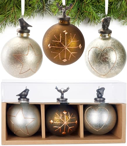 BRUBAKER 3er Set Weihnachtskugeln aus Glas - Stern, Schneeflocke und Herz - Premium Baumkugeln mit Porzellan Figur - Handbemalte Weihnachtsdekoration - 8cm Christbaumkugeln Silber/Grau BRUBAKER 3er Set Weihnachtskugeln aus Glas - Stern, Schneeflocke und Herz - Premium Baumkugeln mit Porzellan Figur - Handbemalte Weihnachtsdekoration - 8cm Christbaumkugeln Silber/Grau von BRUBAKER