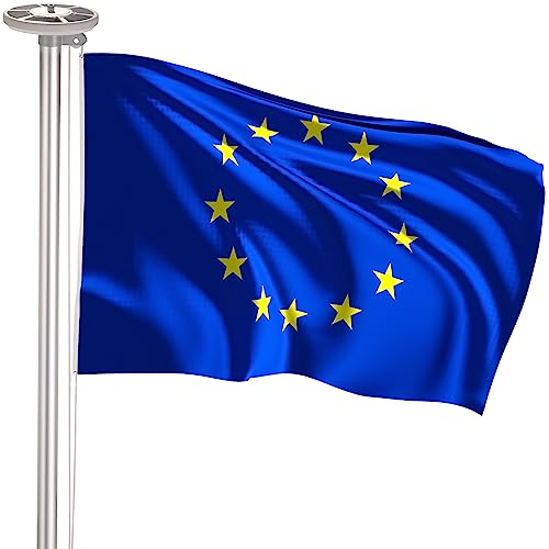 BRUBAKER 4 m Aluminium Fahnenmast inkl. Europa Flagge und Solar Fahnenmastlicht - Flaggenmast mit Bodenhülse + Europaflagge + Solar-Energie Licht mit 26 LEDs - EU All-in-One Set von BRUBAKER