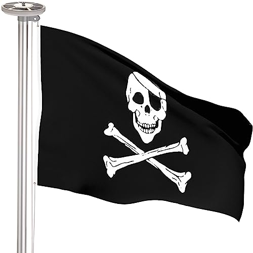 BRUBAKER 4 m Aluminium Fahnenmast inkl. Piraten Flagge und Solar Fahnenmastlicht - Flaggenmast mit Bodenhülse + Piratenflagge Totenkopf + Solar-Energie Licht mit 26 LEDs - All-in-One Set von BRUBAKER