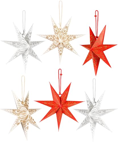 BRUBAKER 6 Papier Sterne Weihnachten - Weihnachtsstern Deko Set - 20 cm Faltsterne Rot Weiß - Großer Baumschmuck Papiersterne - Christbaumschmuck - Weihnachtsbaum und Fenster Dekoration von BRUBAKER