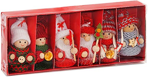 BRUBAKER 6-teiliges Set Weihnachtswichtel aus Holz und Strick - Baumanhänger Weihnachtsanhänger - 8 cm in Geschenkbox Rot von BRUBAKER