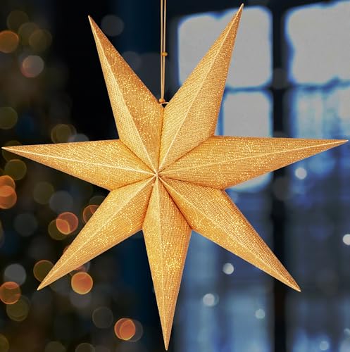 BRUBAKER 60 cm Weihnachtsstern für Innen - Adventsstern mit E14 Fassung Hängend - Fenster Leuchtstern zum Aufhängen - Stern Set Weihnachten mit 3,5 m Kabel - 3D Papierstern Deko - Gold von BRUBAKER