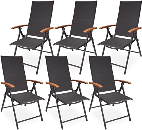 BRUBAKER 6er Set Gartenstühle Verona - Faltstühle klappbar- 7-Fach verstellbare Rückenlehnen - wetterfeste Klappstühle mit Polsterung und Holz Armlehnen - Anthrazit von BRUBAKER