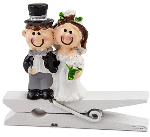 BRUBAKER 6er Set Mini Holz Wäscheklammern mit Hochzeitspaar - Tischklammern - Tischkartenhalter - Hochzeitsdeko - für Hochzeit, Verlobung von BRUBAKER