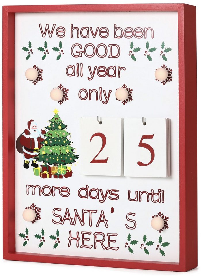 BRUBAKER Adventskalender Adventskalender Countdown Wandtafel - Kalender Weihnachten aus Holz (1-tlg), mit Kalenderblättern und 6 LED Lichtern - 28 x 4 x 35,5 cm von BRUBAKER