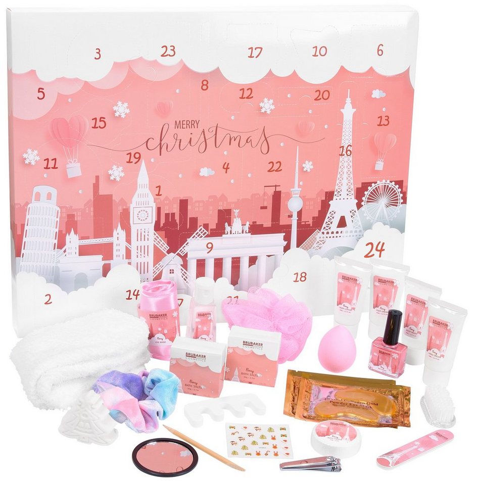 BRUBAKER Adventskalender XXL Beauty Weihnachtskalender 2024 - Städte Wahrzeichen - Körperpflege (Pflege Produkte & Spa Accessoires, 24-tlg), Wellness Kalender Weihnachten für Frauen und Mädchen - Rosa von BRUBAKER
