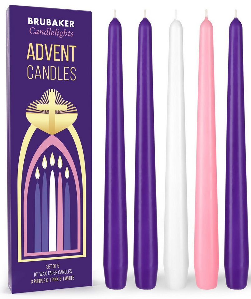 BRUBAKER Adventskerze Premium Spitzkerzen für Adventskränze, Adventsgestecke (5-teiliges Adventsset, 5-tlg., Adventskerzen Set: 3x Lila, 1x Rosa und 1x Weiß), Traditionelle Weihnachtskerzen - 5 Kerzen von BRUBAKER
