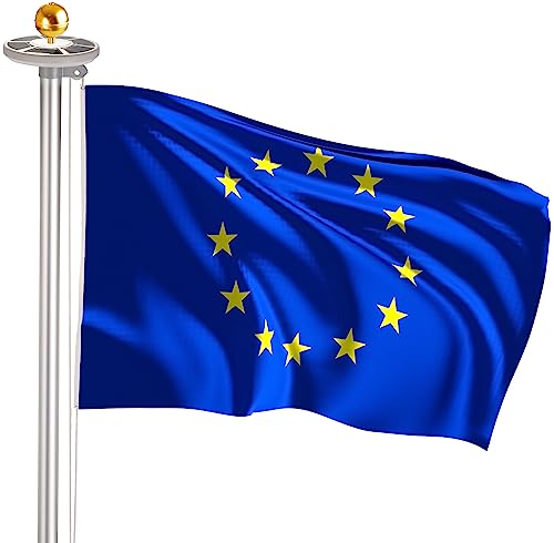 BRUBAKER Aluminium Fahnenmast 4m inkl. Europa Flagge, Solar Fahnenmastlicht und Kugelspitze Gold - Flaggenmast mit Bodenhülse + Europafahne + Solar-Licht - EU All-in-One Set von BRUBAKER