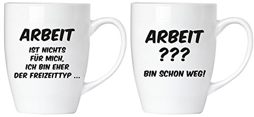 BRUBAKER Arbeit ist nichts für mich. Ich bin eher der Freizeittyp - Tassen Set inkl. Geschenkpackung und Grußkarte - Kaffeetassen Geschenkset - Kaffeebecher Lustig aus Keramik für Büro von BRUBAKER