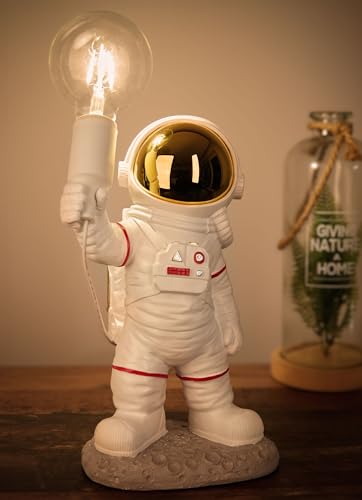 BRUBAKER Astronauten Tischlampe - 40 cm Weltraum Nachttischlampe mit E27 Fassung und USB-C Stecker - Handbemalte Raumfahrt Dekofigur Statue - Weiß und Gold von BRUBAKER