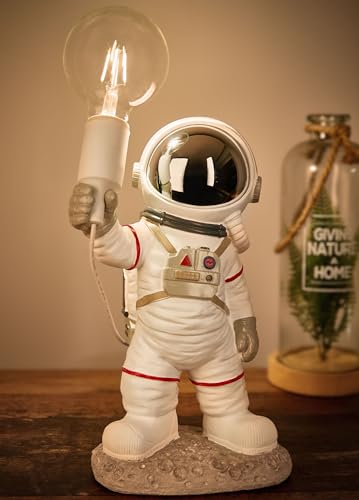 BRUBAKER Astronauten Tischlampe - 40 cm Weltraum Nachttischlampe mit E27 Fassung und USB-C Stecker - Handbemalte Raumfahrt Dekofigur Statue - Weiß und Silber von BRUBAKER