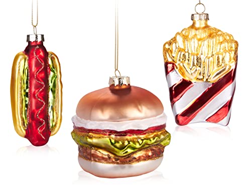BRUBAKER Baumkugel Set Fast Food - Handbemalte Weihnachtskugeln Burger Pommes und Hot Dog - Mundgeblasener Christbaumschmuck aus Glas - Baumschmuck Lustig - Essen Baumanhänger 3 Stück von BRUBAKER