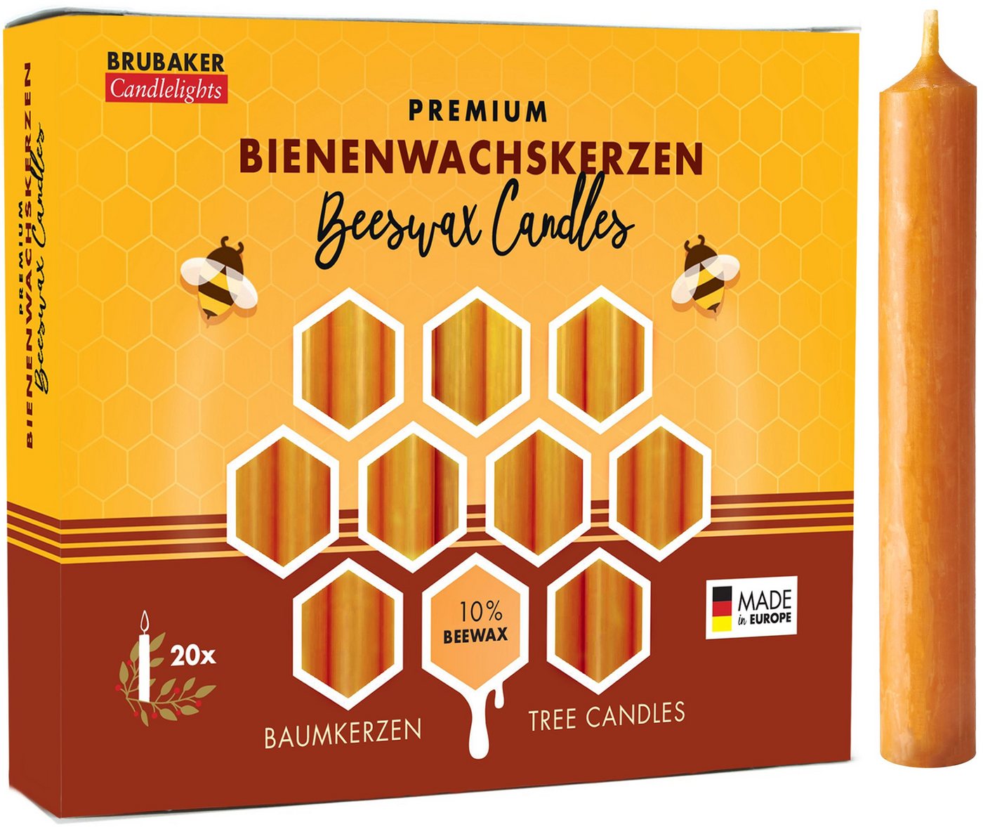 BRUBAKER Bienenwachskerze Honig-gelbe Baumkerzen aus echtem Bienenwachs (rauchfreie Weihnachtskerzen, Pyramidenkerzen mit festlichem Weihnachtsduft, 200-tlg), 10% oder 100% Bienenwachs, Mehrfachpackung Christbaumkerzen von BRUBAKER