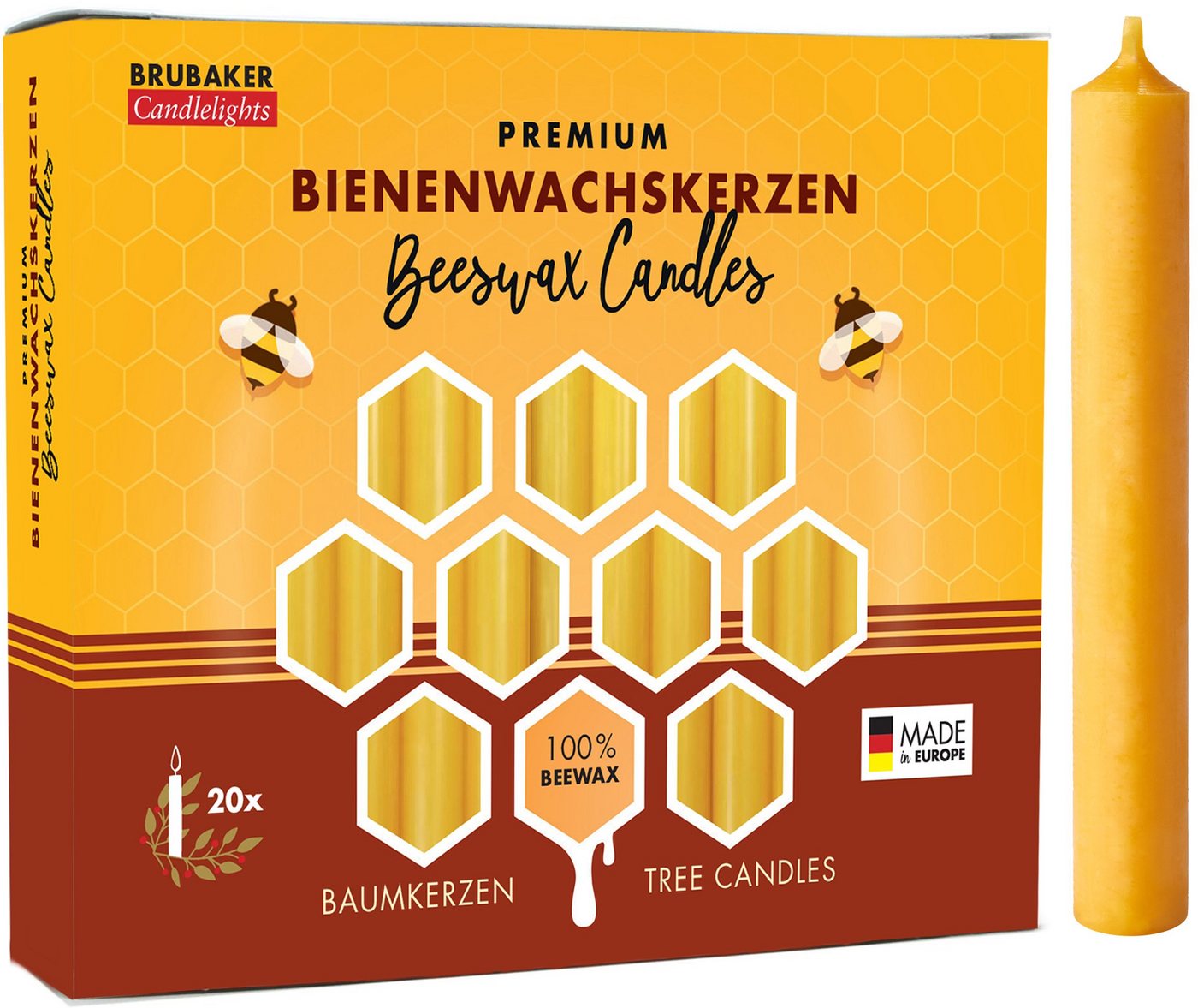 BRUBAKER Bienenwachskerze Honig-gelbe Baumkerzen aus echtem Bienenwachs (rauchfreie Weihnachtskerzen, Pyramidenkerzen mit festlichem Weihnachtsduft, 200-tlg), 10% oder 100% Bienenwachs, Mehrfachpackung Christbaumkerzen von BRUBAKER